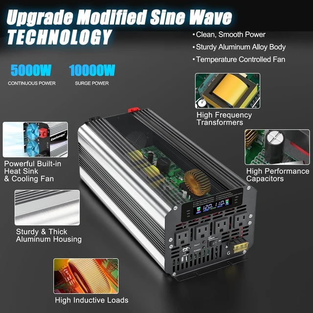 Alt view image 5 of 5 - Cantonape 5000W Power Inverter 12V to 110V/120V DC to AC with LCD Display