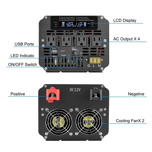 Alt view image 3 of 5 - Cantonape 5000W Power Inverter 12V to 110V/120V DC to AC with LCD Display