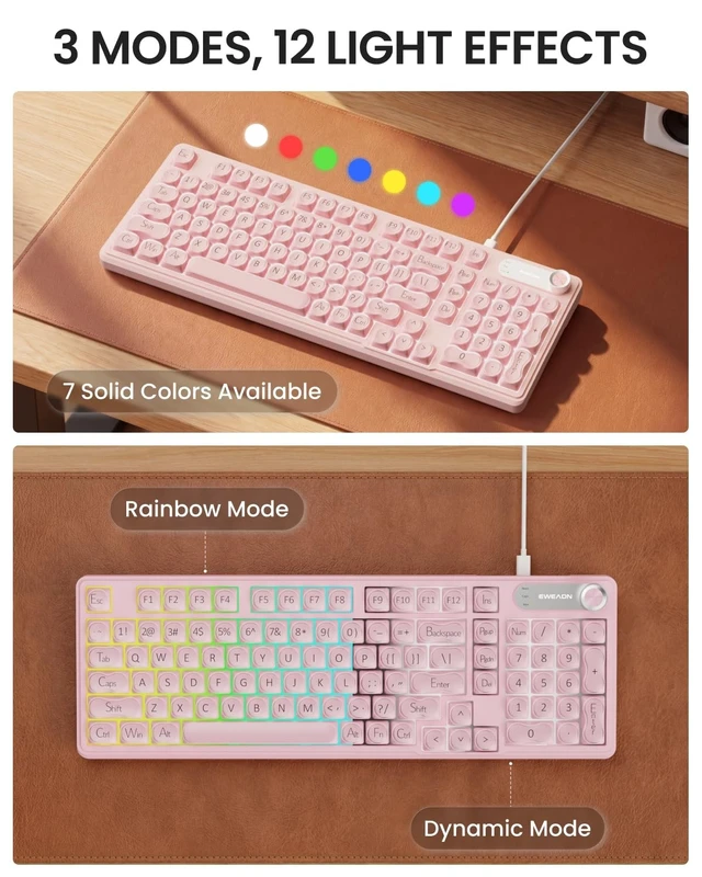 Alt view image 3 of 5 - Wired Creamy Keyboard with Number Pad, 98-Key, Media Knob, RGB Backlit-Pink