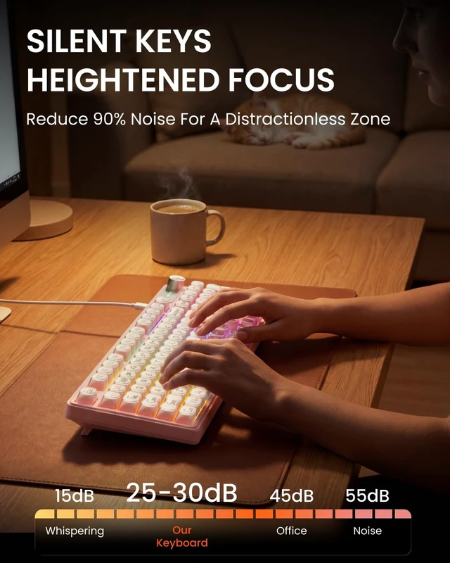 Alt view image 5 of 5 - Wired Creamy Keyboard with Number Pad, 98-Key, Media Knob, RGB Backlit-Pink