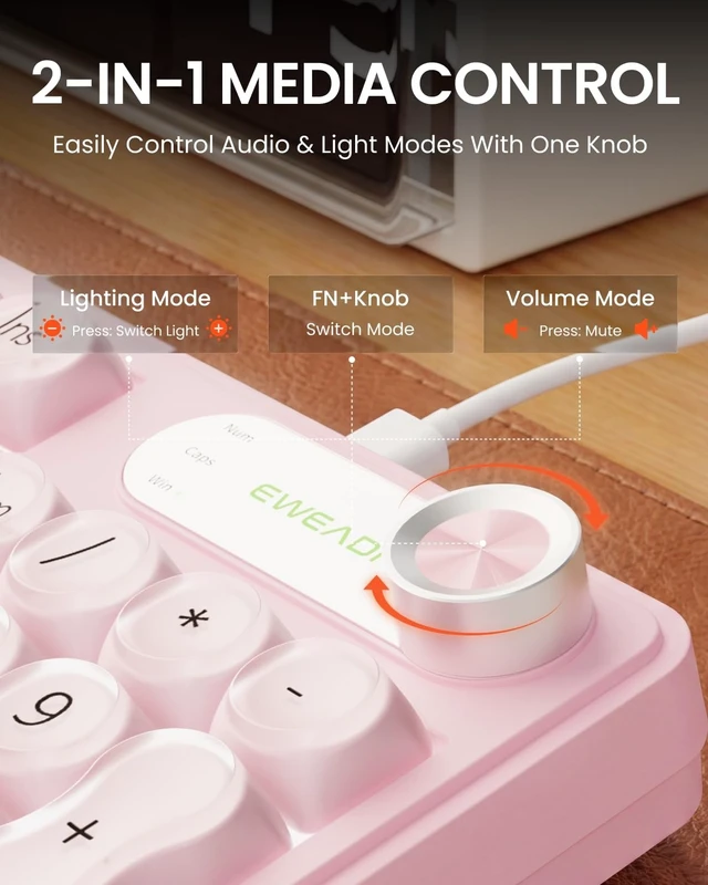 Alt view image 4 of 5 - Wired Creamy Keyboard with Number Pad, 98-Key, Media Knob, RGB Backlit-Pink