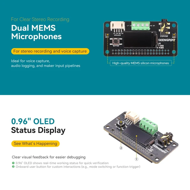 Alt view image 4 of 5 - WatangTech WM8960 Stereo Audio HAT with OLED for Raspberry Pi