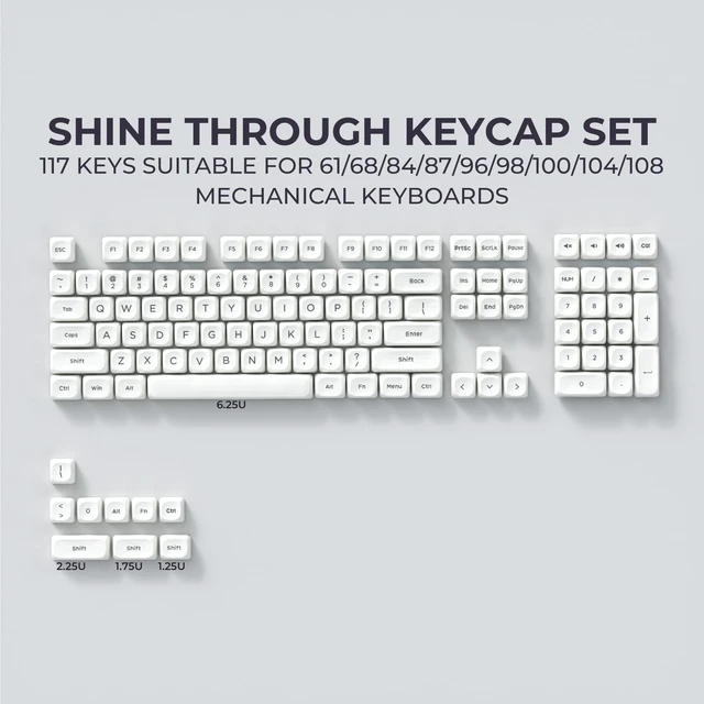 Alt view image 3 of 5 - Shine Through Keycaps,White MOA Profile PBT Keycaps 117-Key for MX Switches