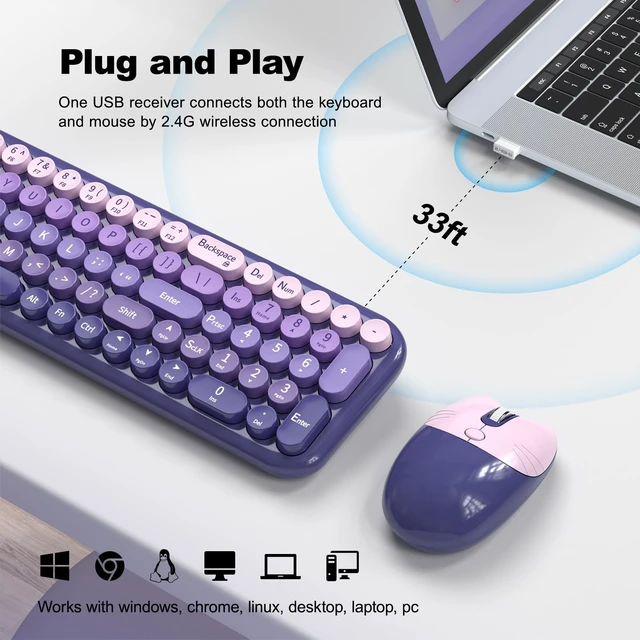 Alt view image 2 of 5 - Wireless Keyboard and Mouse Combo, MOWUX Compact Typewriter Retro Round Computer Keyboard, Cute Optical Mouse Wireless, Plug and Play, for Laptop, PC, Computer- Purple Gradient