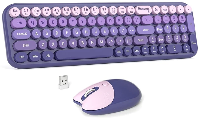 Main image of Wireless Keyboard and Mouse Combo, MOWUX Compact Typewriter Retro Round Computer Keyboard, Cute Optical Mouse Wireless, Plug and Play, for Laptop, PC, Computer- Purple Gradient