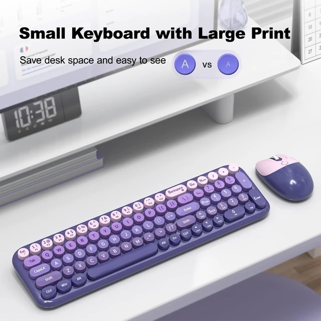 Alt view image 3 of 5 - Wireless Keyboard and Mouse Combo, MOWUX Compact Typewriter Retro Round Computer Keyboard, Cute Optical Mouse Wireless, Plug and Play, for Laptop, PC, Computer- Purple Gradient