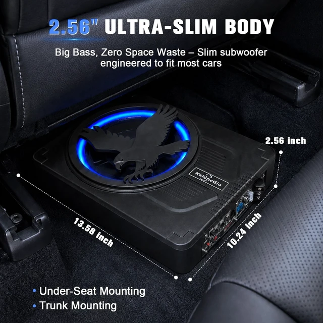 Alt view image 5 of 5 - AMEMONDORA 10 Inch Slim Under Seat Powered Car Subwoofer, 1200W Max Active Built-in Amplifier, Blue Ambient Light, Low Profile Deep Bass Speaker, High/Low Level Input for Truck, SUV, Jeep & Pickup