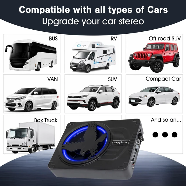 Alt view image 4 of 5 - AMEMONDORA 10 Inch Slim Under Seat Powered Car Subwoofer, 1200W Max Active Built-in Amplifier, Blue Ambient Light, Low Profile Deep Bass Speaker, High/Low Level Input for Truck, SUV, Jeep & Pickup