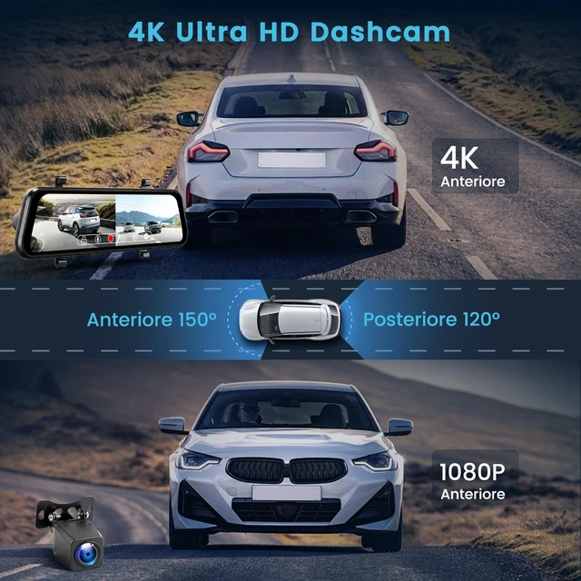Alt view image 2 of 5 - 9.66" Mirror Dash Cam 4K+1080P, IPS Touch Screen, Streaming Rearview, WiFi