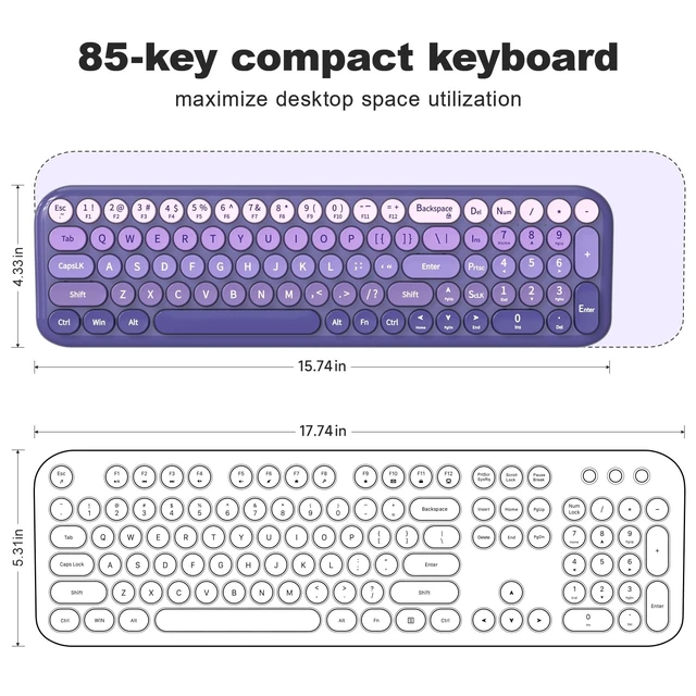 Alt view image 5 of 5 - Wireless Keyboard and Mouse Combo, MOWUX Compact Typewriter Retro Round Computer Keyboard, Cute Optical Mouse Wireless, Plug and Play, for Laptop, PC, Computer- Purple Gradient