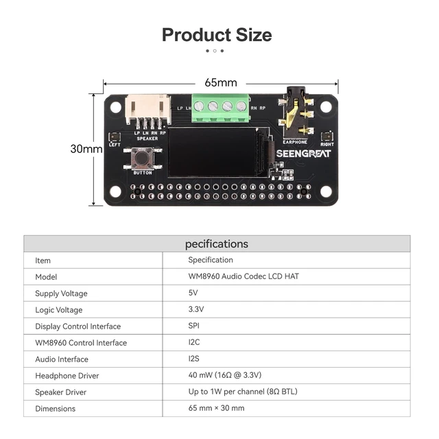 Alt view image 5 of 5 - WatangTech WM8960 Stereo Audio HAT with OLED for Raspberry Pi
