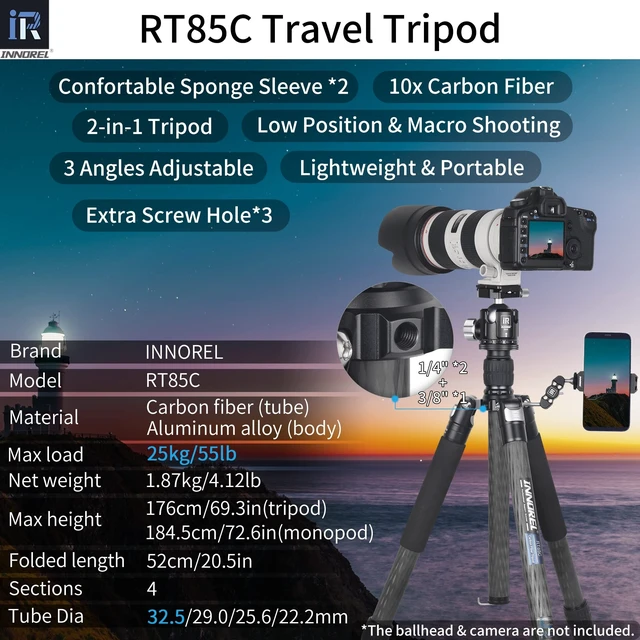 Alt view image 2 of 5 - Carbon Fiber Tripod-INNOREL RT85C Without Ballhead Super Professional Tripod Monopod Heavy Duty Stand Support for Digital DSLR Camera Black