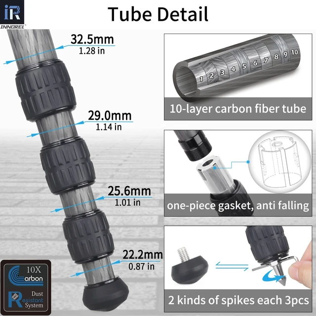 Alt view image 3 of 5 - Carbon Fiber Tripod-INNOREL RT85C Without Ballhead Super Professional Tripod Monopod Heavy Duty Stand Support for Digital DSLR Camera Black