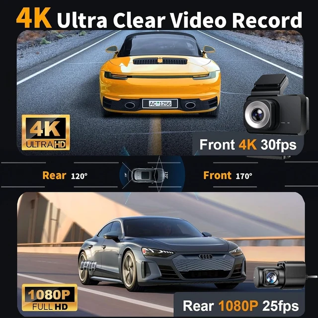 Alt view image 2 of 5 - 4K Dual Channel Dash Cam Front and Rear, Free 64GB Card Included, 5.8GHz WiFi Dash Camera for Cars, Built-in GPS, G-Sensor, 170Wide Angle, 3" IPS Screen, 24H Parking Mode, Support 512GB Max