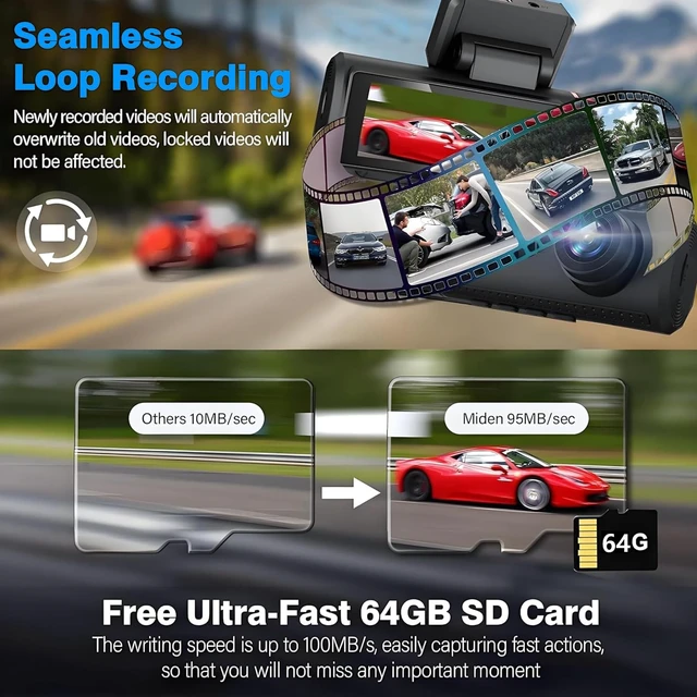 Alt view image 4 of 5 - 4K Dual Channel Dash Cam Front and Rear, Free 64GB Card Included, 5.8GHz WiFi Dash Camera for Cars, Built-in GPS, G-Sensor, 170Wide Angle, 3" IPS Screen, 24H Parking Mode, Support 512GB Max