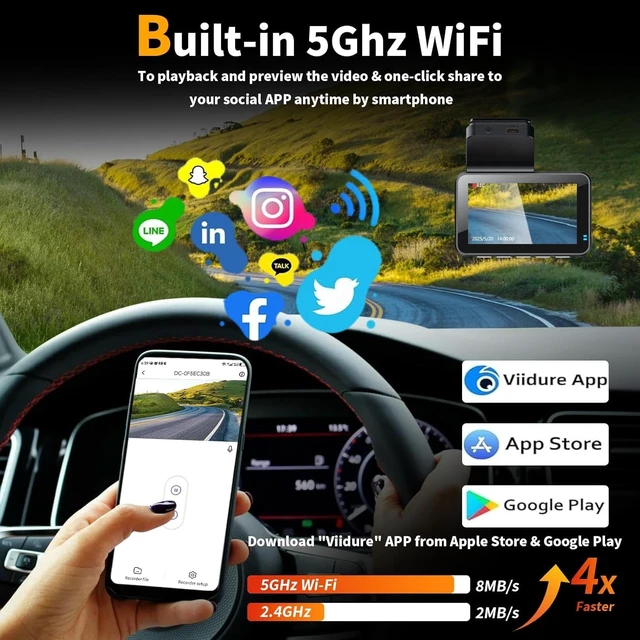 Alt view image 3 of 5 - 4K Dual Channel Dash Cam Front and Rear, Free 64GB Card Included, 5.8GHz WiFi Dash Camera for Cars, Built-in GPS, G-Sensor, 170Wide Angle, 3" IPS Screen, 24H Parking Mode, Support 512GB Max