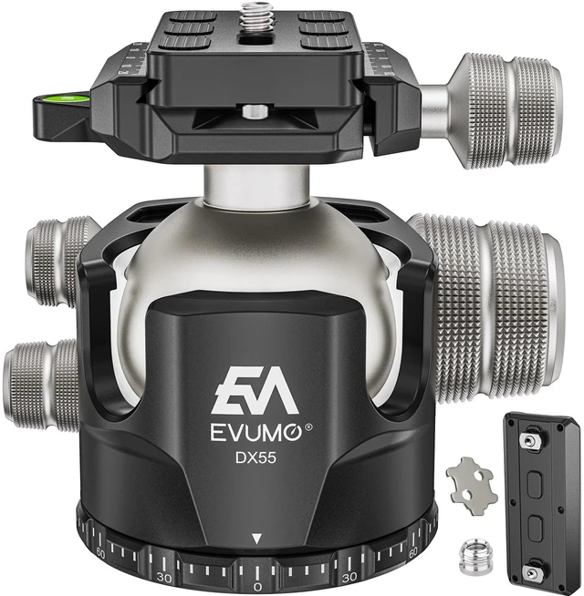 Main image of EVUMO DX55 Ball Head, 55mm Low Profile Heavy Duty CNC Panoramic Tripod Ball Head Mount with Mlok Arca Swiss Quick Release Plate for Camera Tripod Monopod DSLR Camcorder Telescope, Max Load 88lb/40kg