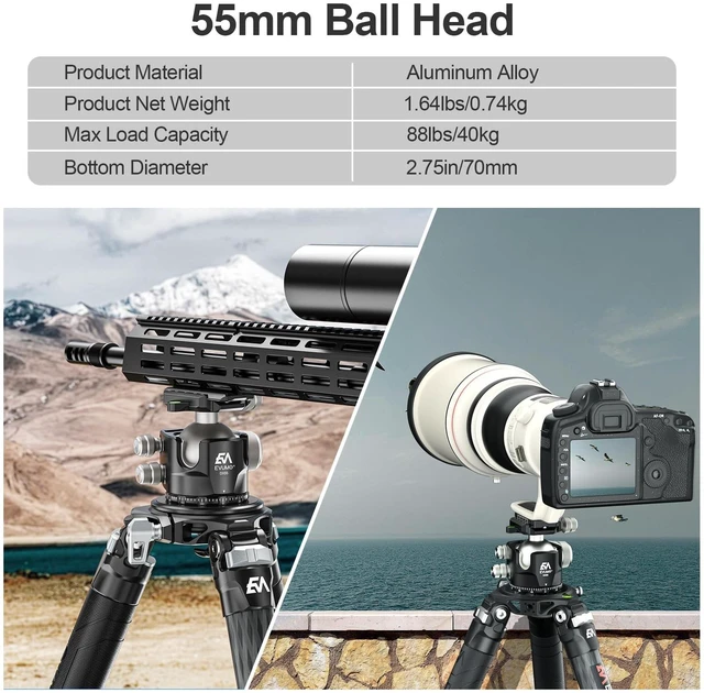 Alt view image 2 of 5 - EVUMO DX55 Ball Head, 55mm Low Profile Heavy Duty CNC Panoramic Tripod Ball Head Mount with Mlok Arca Swiss Quick Release Plate for Camera Tripod Monopod DSLR Camcorder Telescope, Max Load 88lb/40kg