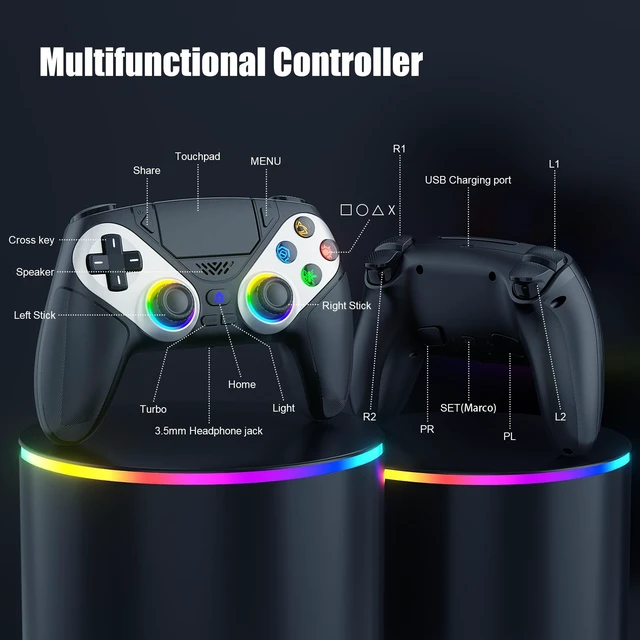 Alt view image 3 of 5 - Gamrombo LED Wireless Controller for PS5, Compatible with PS5 Pro/Slim/PC, Dual Vibration, Macro/Turbo Function, 3.5mm Audio Jack, 6-Axis Motion Control Gamepad with Speaker(Black)