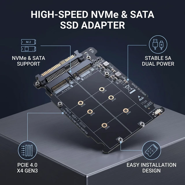 Alt view image 4 of 5 - M Key to M.2 NVMe SSD Enclosure, 2.5 Inch Hard Disk Box, PCIe 4.0 x4 SATA 6G U.2 SFF8639, Easy Installation, PH416BOX
