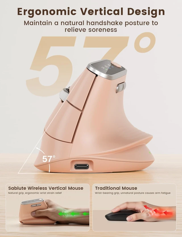 Alt view image 3 of 5 - SABLUTE Ergonomic Vertical Wireless Mouse with 3-Device Switching MAM4