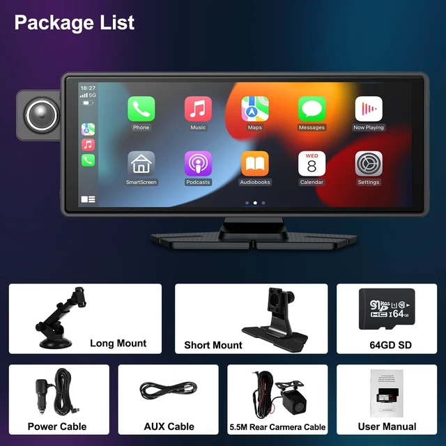 Alt view image 5 of 5 - XYBkey 10.26-inch CarPlay screen for in-car playback 2K HD triple camera recording 350 rotatable front left and right cameras Android Auto 1080P reversing camera mirroring voice-controlled navigation