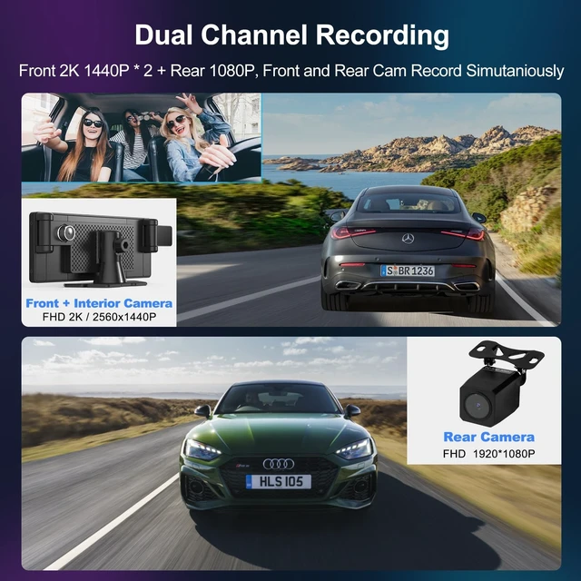 Alt view image 3 of 5 - XYBkey 10.26-inch CarPlay screen for in-car playback 2K HD triple camera recording 350 rotatable front left and right cameras Android Auto 1080P reversing camera mirroring voice-controlled navigation