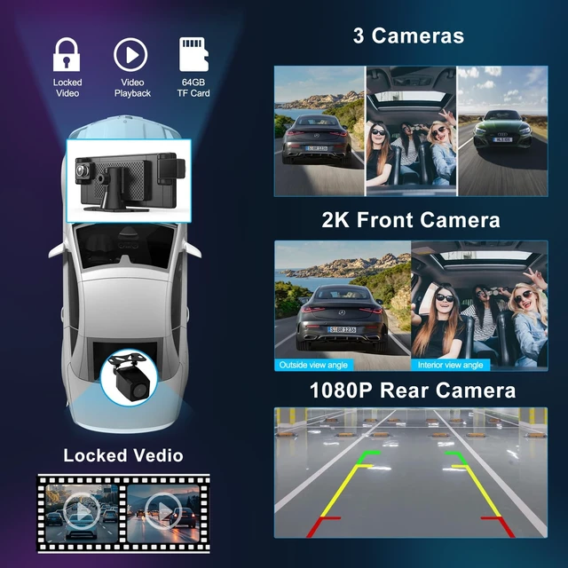 Alt view image 4 of 5 - XYBkey 10.26-inch CarPlay screen for in-car playback 2K HD triple camera recording 350 rotatable front left and right cameras Android Auto 1080P reversing camera mirroring voice-controlled navigation
