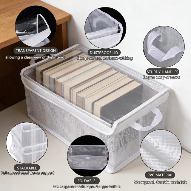 Alt view image 3 of 5 - 4 Pack Large CD Storage Box with Lid & Handles, Stackable Foldable CD/DVD Organizer with Divider, Waterproof Visible Media Storage Case, Holds up to 92 CD Cases Each for Home and