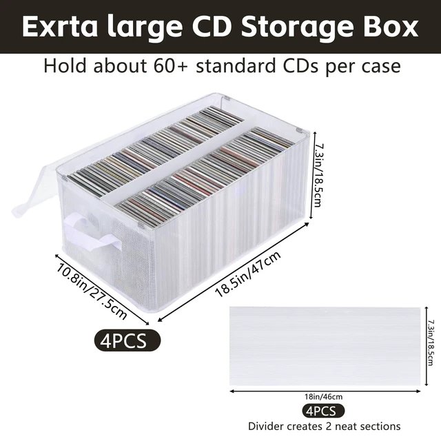 Alt view image 2 of 5 - 4 Pack Large CD Storage Box with Lid & Handles, Stackable Foldable CD/DVD Organizer with Divider, Waterproof Visible Media Storage Case, Holds up to 92 CD Cases Each for Home and