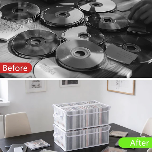 Alt view image 5 of 5 - 4 Pack Large CD Storage Box with Lid & Handles, Stackable Foldable CD/DVD Organizer with Divider, Waterproof Visible Media Storage Case, Holds up to 92 CD Cases Each for Home and