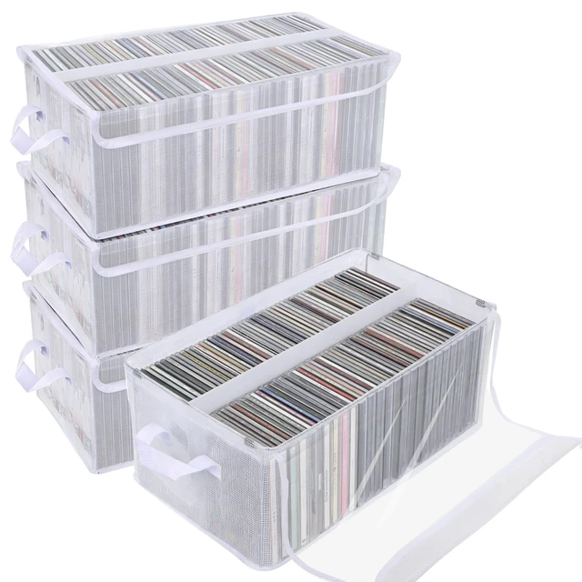 Main image of 4 Pack Large CD Storage Box with Lid & Handles, Stackable Foldable CD/DVD Organizer with Divider, Waterproof Visible Media Storage Case, Holds up to 92 CD Cases Each for Home and