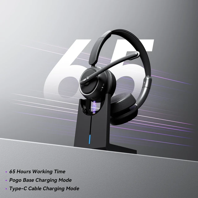 Alt view image 5 of 5 - Wireless Headset with Mic for Work, Bluetooth Headset with Noise Canceling Mic & Charging Base, Wireless Headphones with Mic for Remote Workers/Call Center/PC/Laptop/Computer/Home/Office
