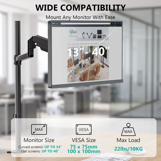 Alt view image 4 of 5 - WALI Extra Tall Monitor Mount for 13-40 inch Computer Screens, up to 22 lbs