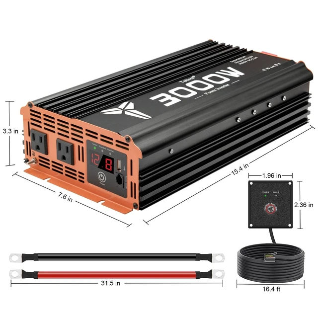 Alt view image 3 of 5 - Tebrol 3000W Inverter 12V DC to 110V AC Converter for Home, RV, Truck, Off-Grid Solar Power Inverter with Built-in 5V/2.1A USB, AC Hardwire Port, Remote Controller