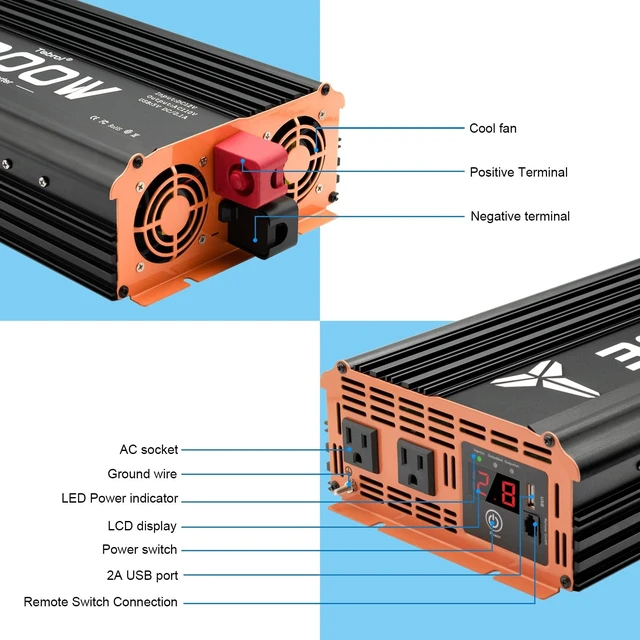 Alt view image 2 of 5 - Tebrol 3000W Inverter 12V DC to 110V AC Converter for Home, RV, Truck, Off-Grid Solar Power Inverter with Built-in 5V/2.1A USB, AC Hardwire Port, Remote Controller