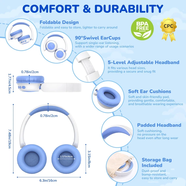 Alt view image 5 of 5 - AILIHEN Kids Bluetooth Headphones for Toddler Travel, 74/85/94dB Limit-Blue