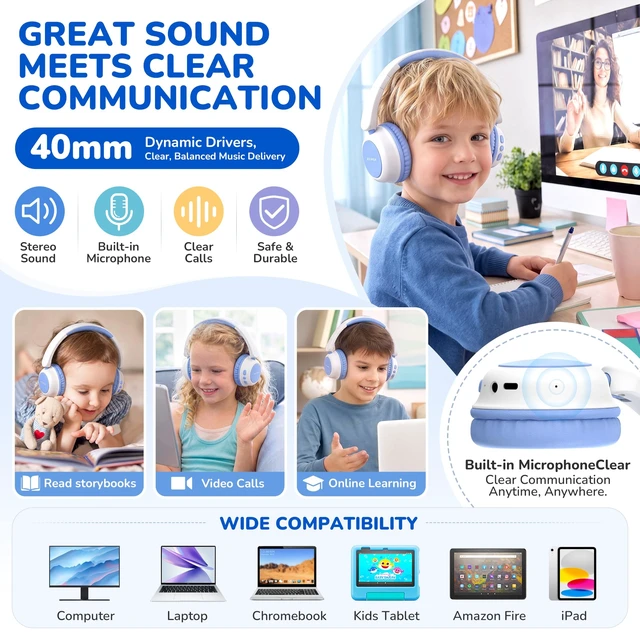 Alt view image 4 of 5 - AILIHEN Kids Bluetooth Headphones for Toddler Travel, 74/85/94dB Limit-Blue