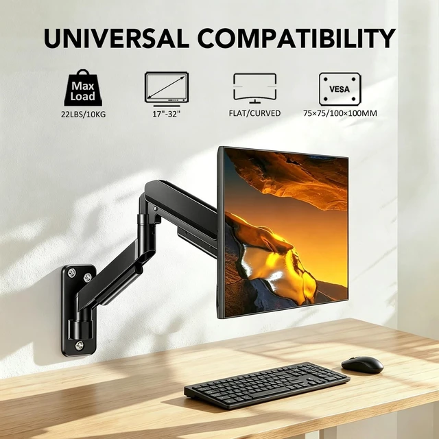 Alt view image 2 of 5 - Single Monitor Wall Mount for 17 to 32 inch Flat/Curved Computer Screens,Full Motion Adjustable Monitor Wall Arm Holds Up to 22lbs,VESA Wall Mount 75x75/100x100, Black