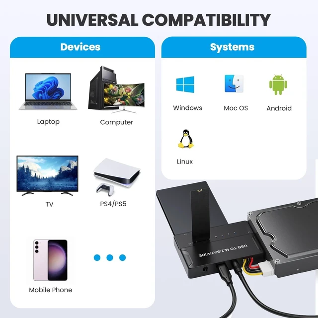 Alt view image 4 of 5 - 3-in-1 External SSD Enclosure for NVMe M.2 SATA/IDE 2.5"/3.5" HDD - Tool-Free USB 3.2 Gen 2 (10Gbps) Type-C Hard Drive Adapter for 2230/2242/2260/2280 & 3.5" IDE Drives