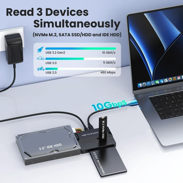 Alt view image 3 of 5 - 3-in-1 External SSD Enclosure for NVMe M.2 SATA/IDE 2.5"/3.5" HDD - Tool-Free USB 3.2 Gen 2 (10Gbps) Type-C Hard Drive Adapter for 2230/2242/2260/2280 & 3.5" IDE Drives