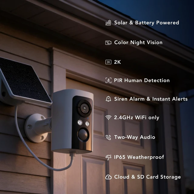 Alt view image 4 of 5 - FAMVIVA 2K Security Cameras Wireless Outdoor with Solar Panels, Battery Powered Cameras for Home Security, Color Night Vision, AI Motion Detection, Spotlight & Siren Alarm, 2.4GHz, WaterproofWh