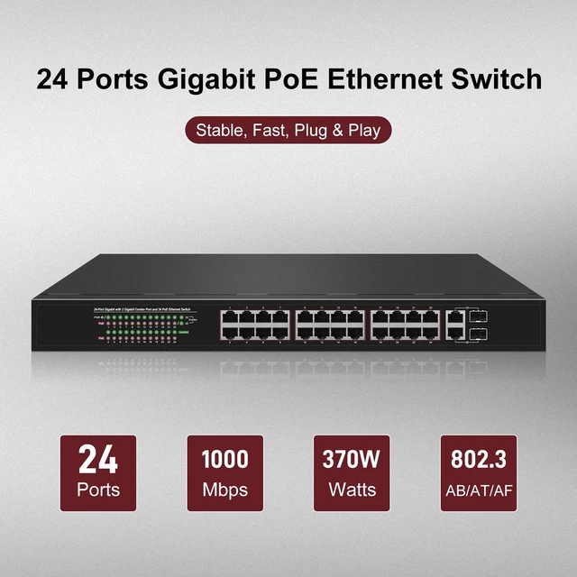 Alt view image 2 of 5 - S202824 24 Port Gigabit 370W PoE+ Switch