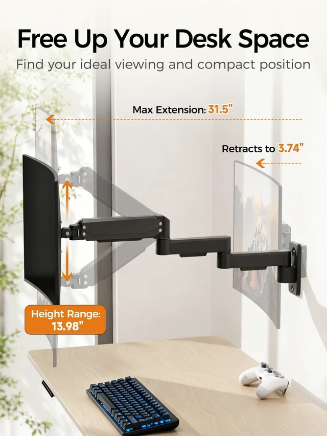 Alt view image 5 of 5 - suptek Single Long Arm Monitor Wall Mount for 17 to 35 Inch Screens, Gas Spring Monitor Arm Wall Mount Holds Up to 11KG/24lbs, Full Motion Adjustable,VESA Mount 75x75/100x100mm(WMX3)