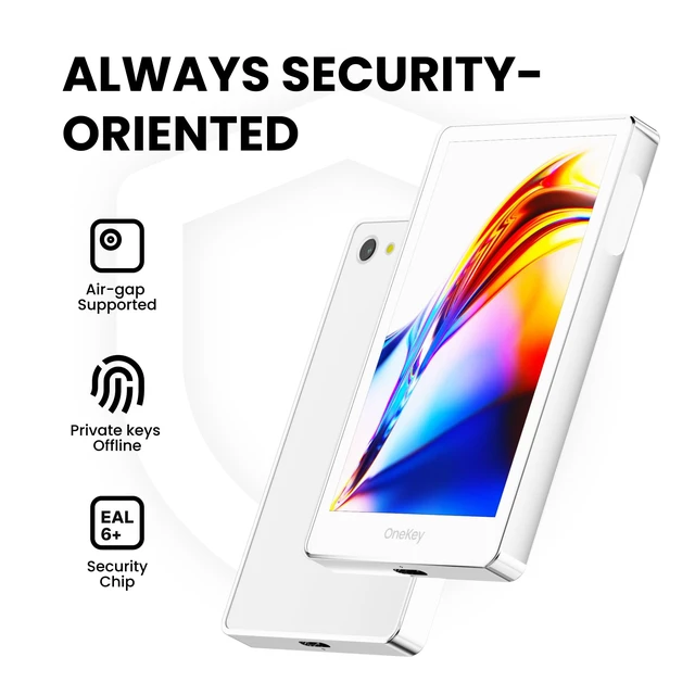 Alt view image 3 of 5 - OneKey Pro Crypto Cold Wallet Air-gapped, Offline Keys, 4 EAL6+ Secure Elements, 3.5" Touchscreen, Fingerprint Unlock, Bluetooth/USB-C, Supports 10,000+ Coins & NFTs (White)