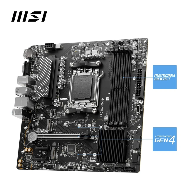 Alt view image 3 of 5 - MSI PRO B650M-P V1 Motherboard, Micro-ATX - Supports AMD Ryzen 9000/8000 / 7000 Series Processors, AM5 - DDR5 Memory Boost 6000+MHz/OC, 1 x PCIe 4.0 x16, 2 x M.2 Gen4, 2.5G LAN