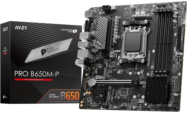Main image of MSI PRO B650M-P V1 Motherboard, Micro-ATX - Supports AMD Ryzen 9000/8000 / 7000 Series Processors, AM5 - DDR5 Memory Boost 6000+MHz/OC, 1 x PCIe 4.0 x16, 2 x M.2 Gen4, 2.5G LAN