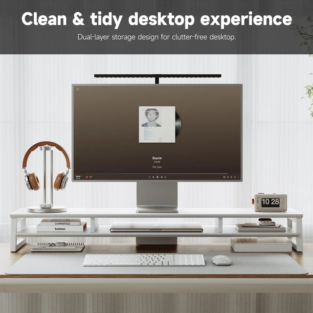 Alt view image 3 of 5 - YOGRFA Dual Monitor Stand Riser for Desk, 41.7 Inch Large 2 Tier Computer Monitor Stand for 2 Monitors, Desktop Storage Organizer Shelf with Keyboard Space for Laptop PC Printer White