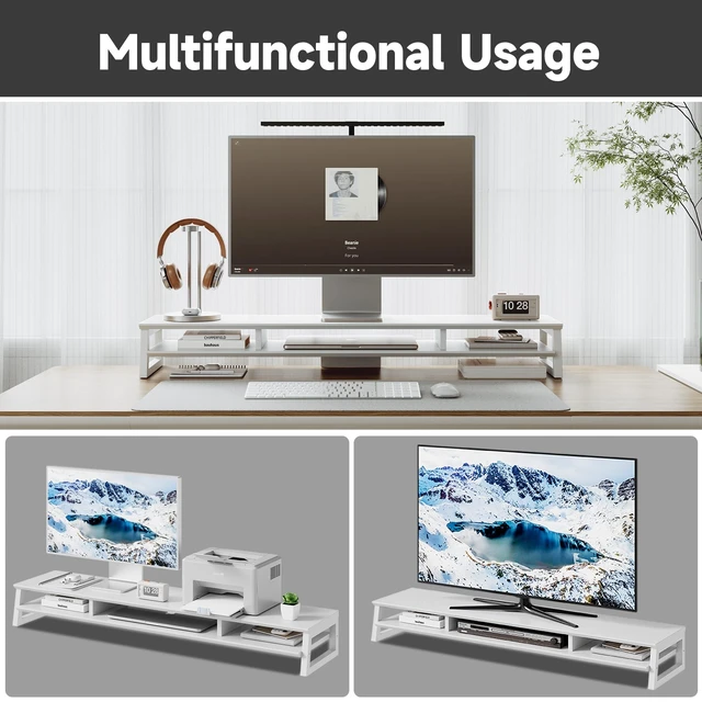 Alt view image 5 of 5 - YOGRFA Dual Monitor Stand Riser for Desk, 41.7 Inch Large 2 Tier Computer Monitor Stand for 2 Monitors, Desktop Storage Organizer Shelf with Keyboard Space for Laptop PC Printer White