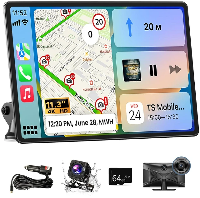 Main image of Wireless Carplay Screen for Car, 11.3" Portable A-pple CarPlay & Android Auto Screen with 4K Dashcam & 1080P Backup Camera, Car Stereo with Mirror Link, Voice Control, GPS, Bluetooth, AUX, FM